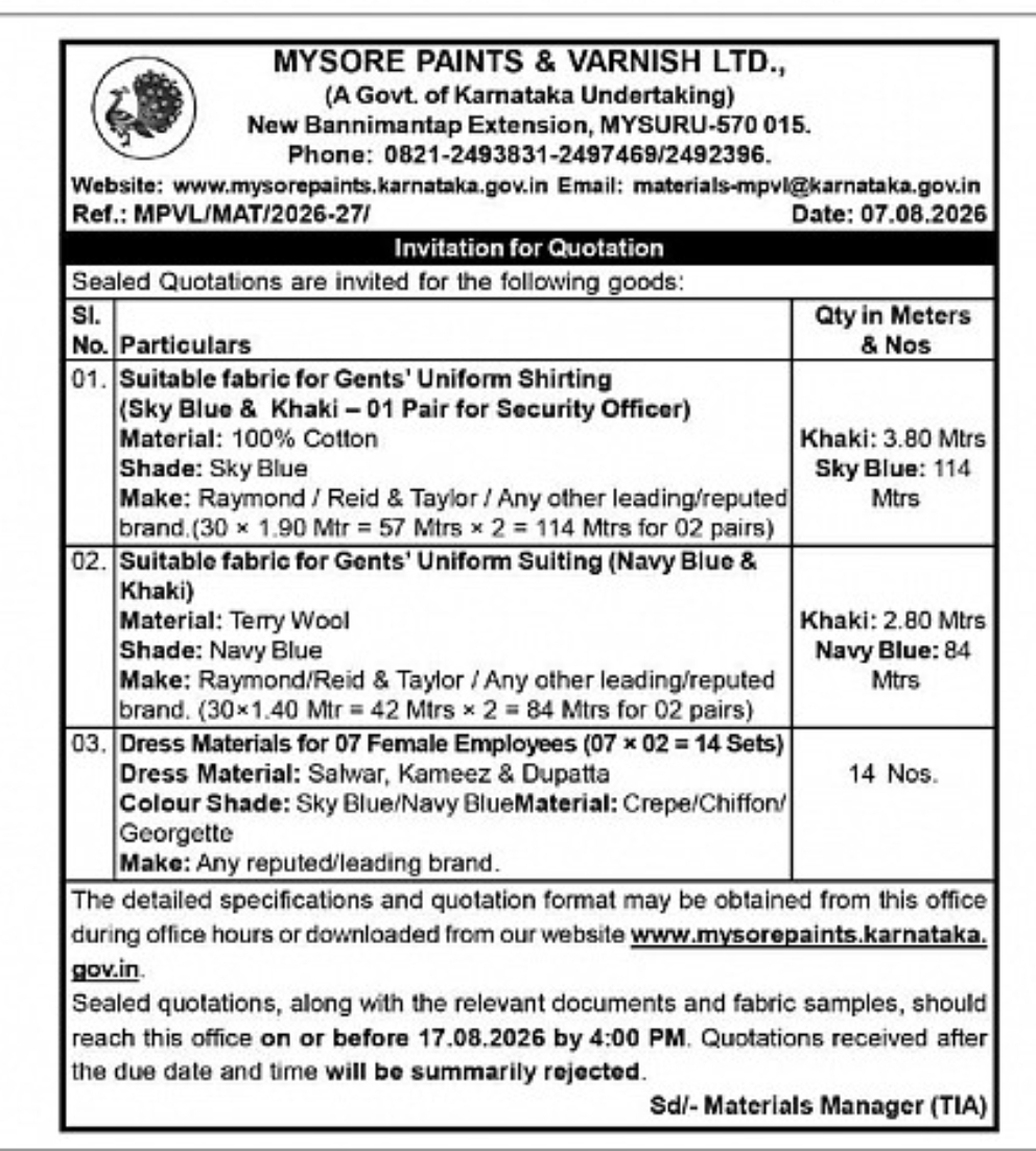 Invitation for Quotation – Uniform Fabric & Dress Materials