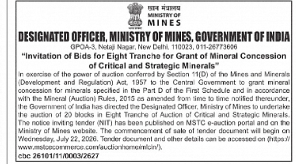 Invitation of Bids – 8th Tranche Auction of Critical & Strategic Mineral Blocks