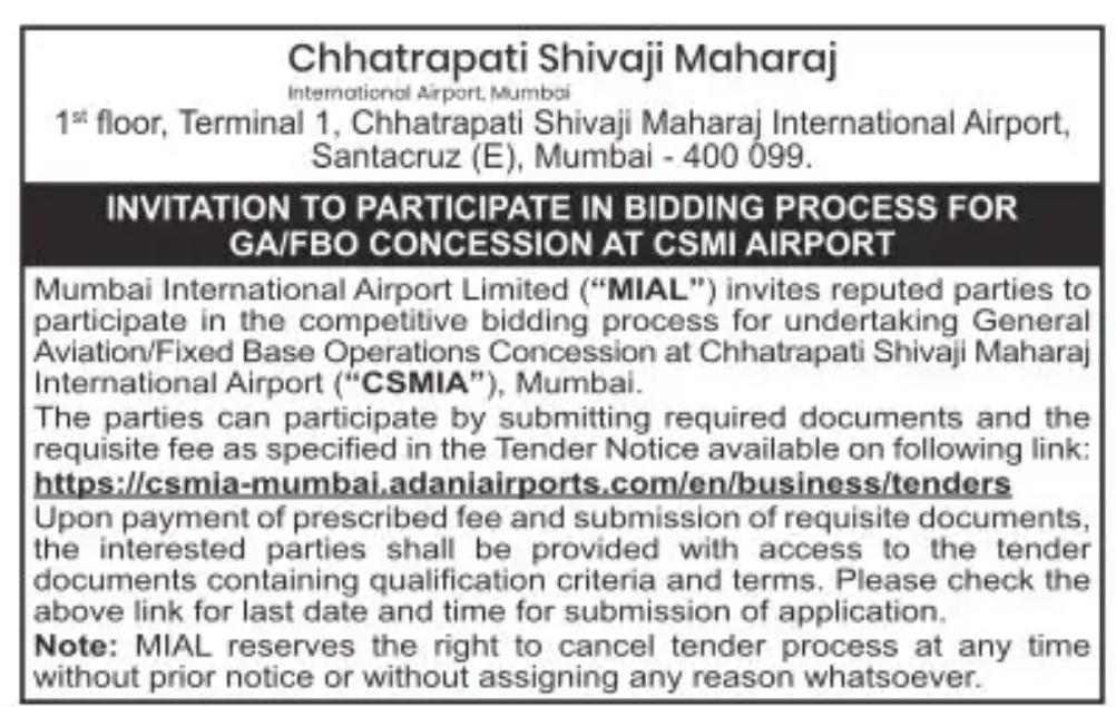 Invitation to Participate in Bidding Process for GA/FBO Concession at Mumbai Airport