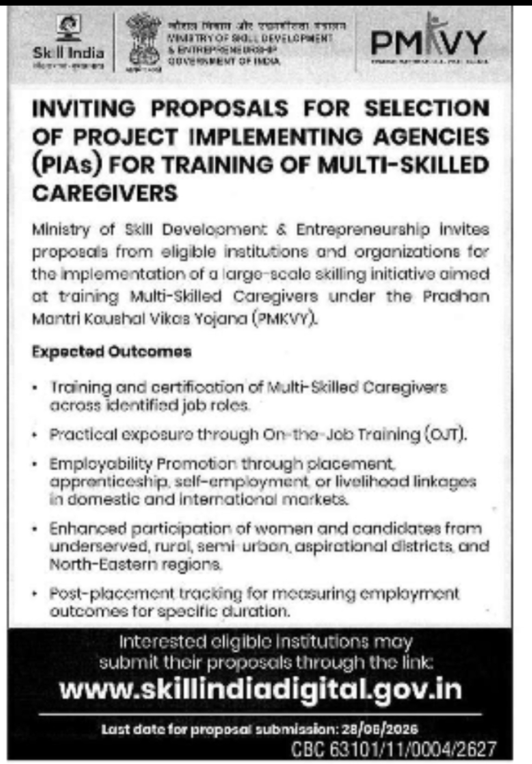 Inviting Proposals for Selection of Project Implementing Agencies (PIAs) under PMKVY – Multi-Skilled Caregivers Training