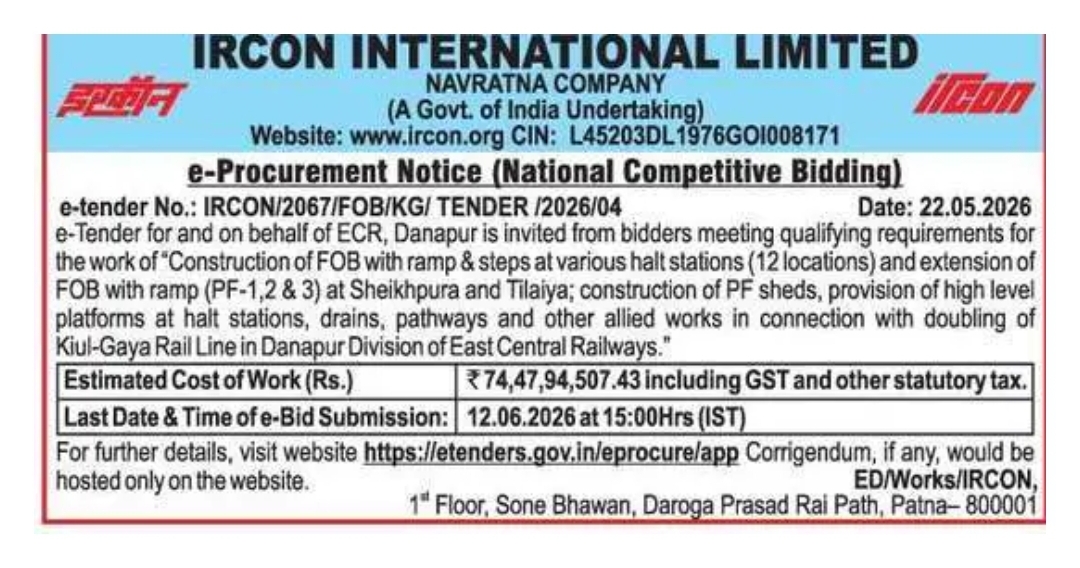 **IRCON Invites E-Tender for FOB, Platform & Allied Railway Infrastructure Works on Kiul–Gaya Rail Line**