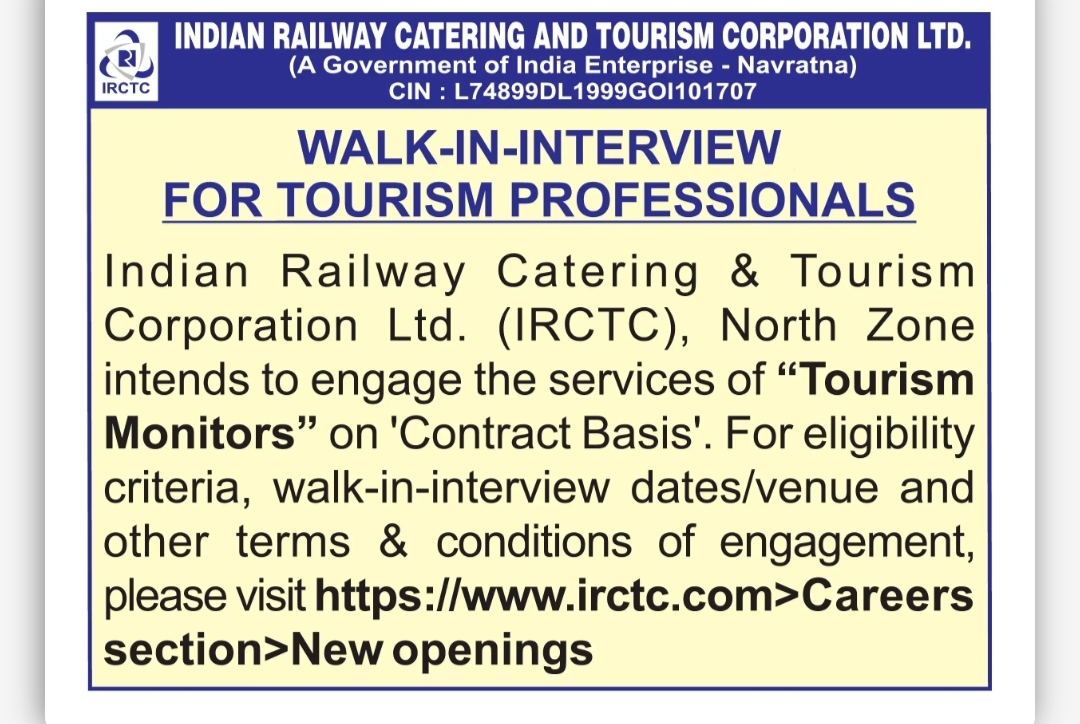 IRCTC Tourism Professionals – Walk-in Interview for Tourism Monitors
