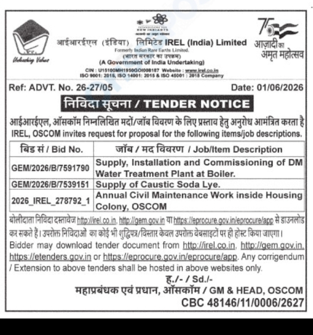 IREL (India) Limited Invites Bids for Water Treatment, Chemical Supply and Civil Maintenance Works