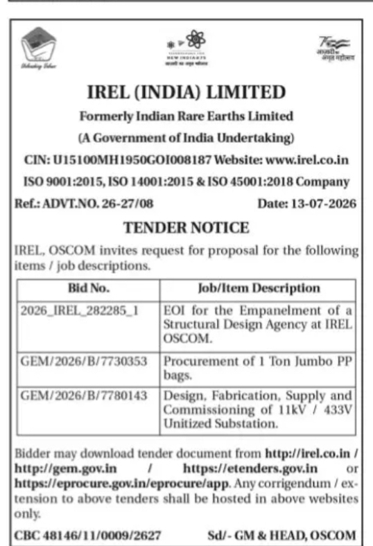 IREL (India) Limited Tender Notice – Structural Design, Jumbo Bags & Unitized Substation