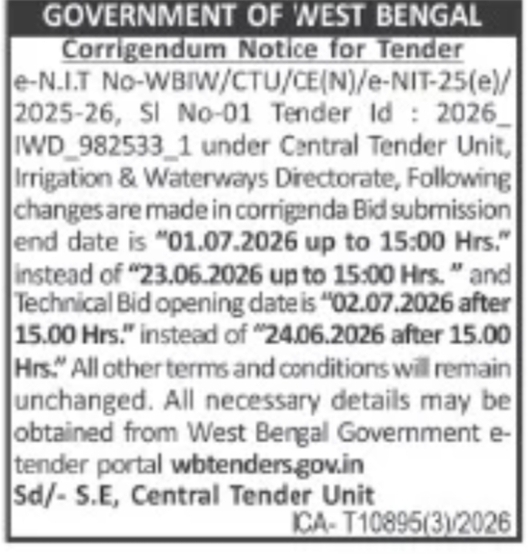 Irrigation & Waterways Department – Corrigendum Notice