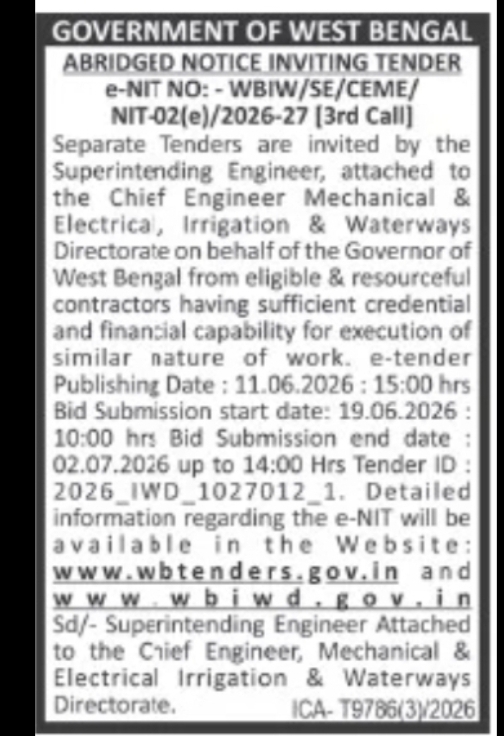 Irrigation & Waterways Mechanical and Electrical Works Tender