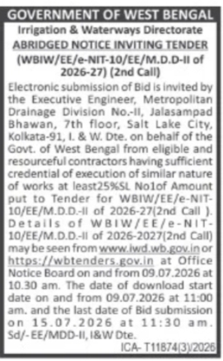 Irrigation & Waterways Tender for Drainage Work in Kolkata