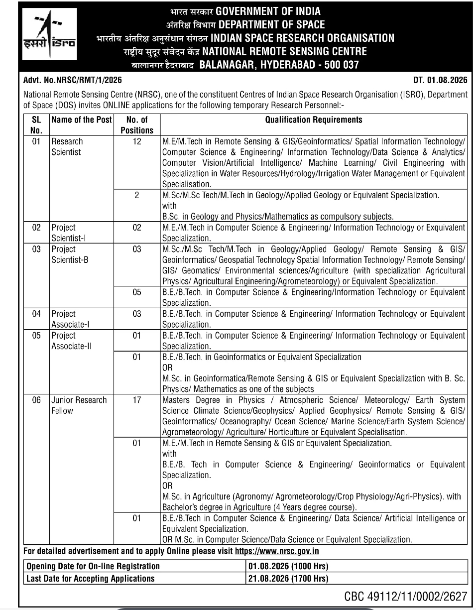 ISRO NRSC Recruitment 2026 – Research Personnel Vacancies | Apply Online