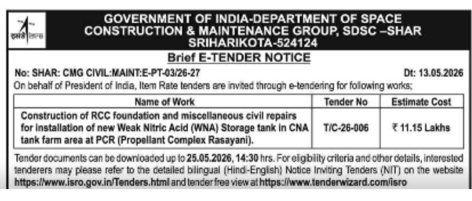 ISRO SDSC-SHAR Invites E-Tender for RCC Foundation & Civil Repair Works at PCR Rasayani