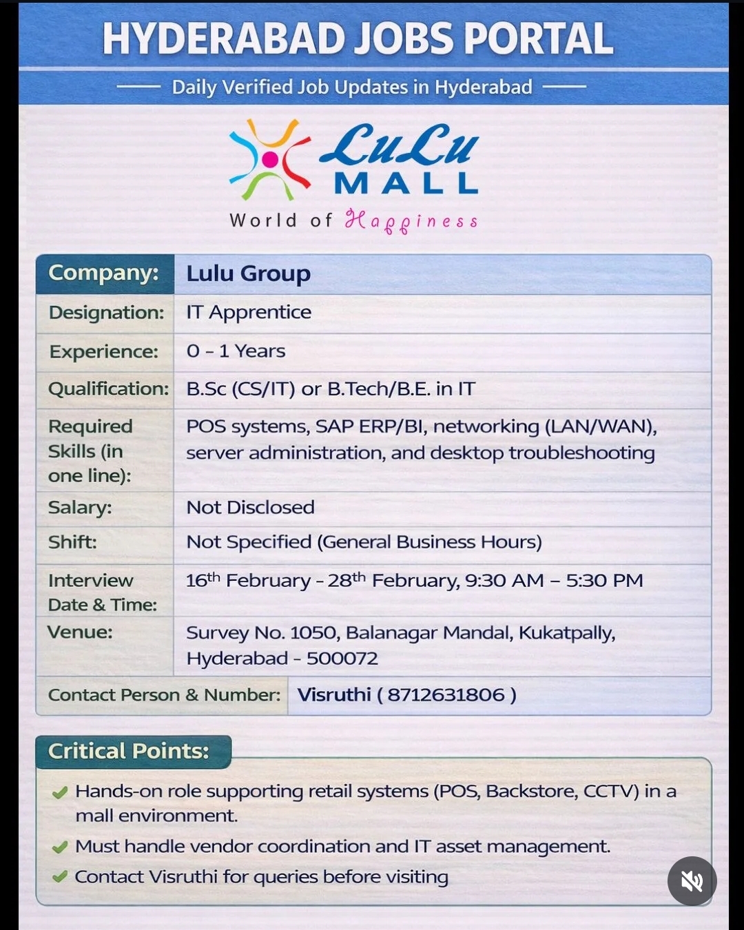 IT Apprentice Opportunity at Lulu Group - Hyderabad