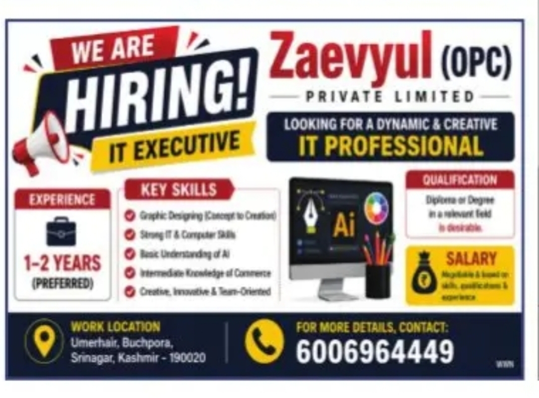 IT Executive Hiring – Zaevyul (OPC) Private Limited, Srinagar