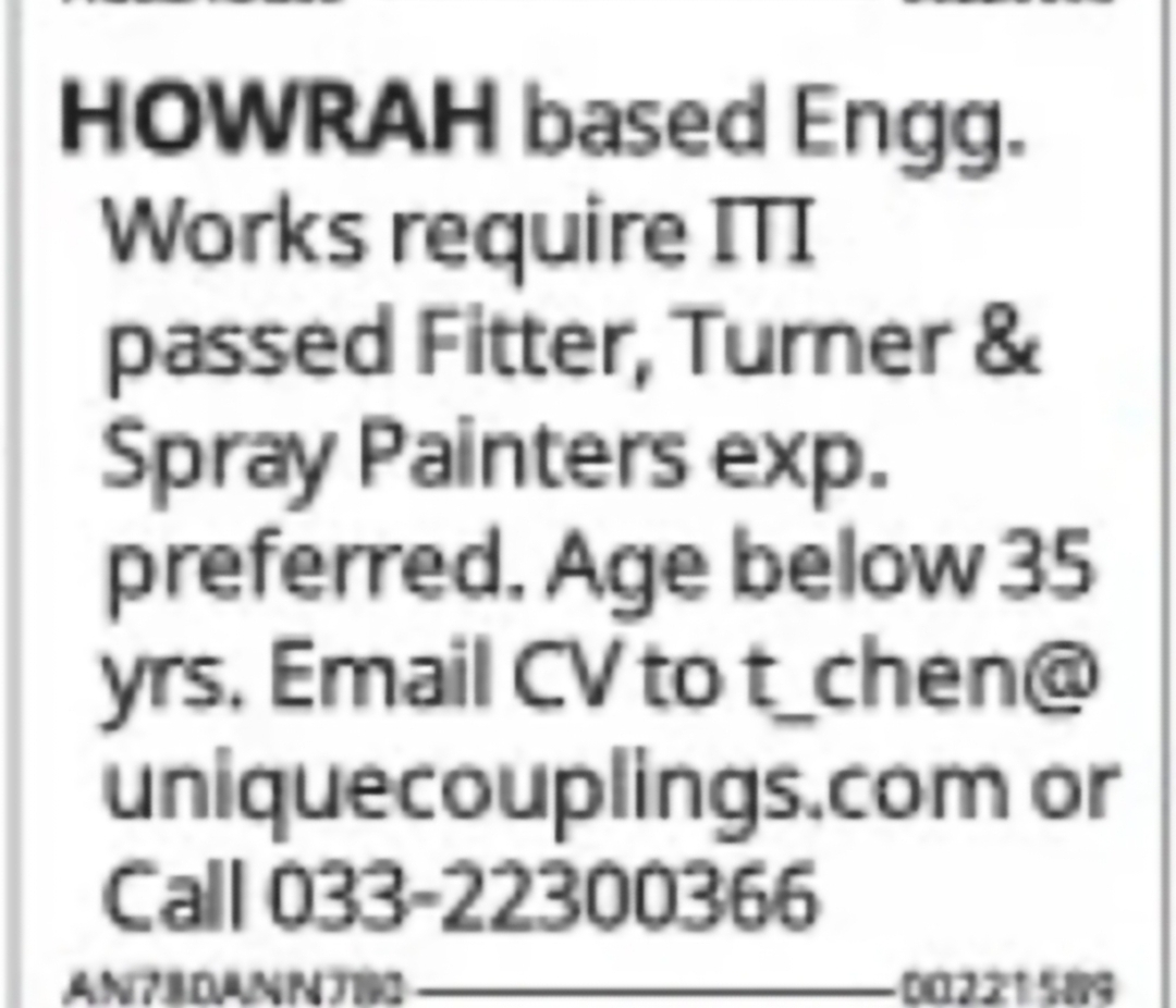 ITI Fitter, Turner & Spray Painter Jobs – Howrah