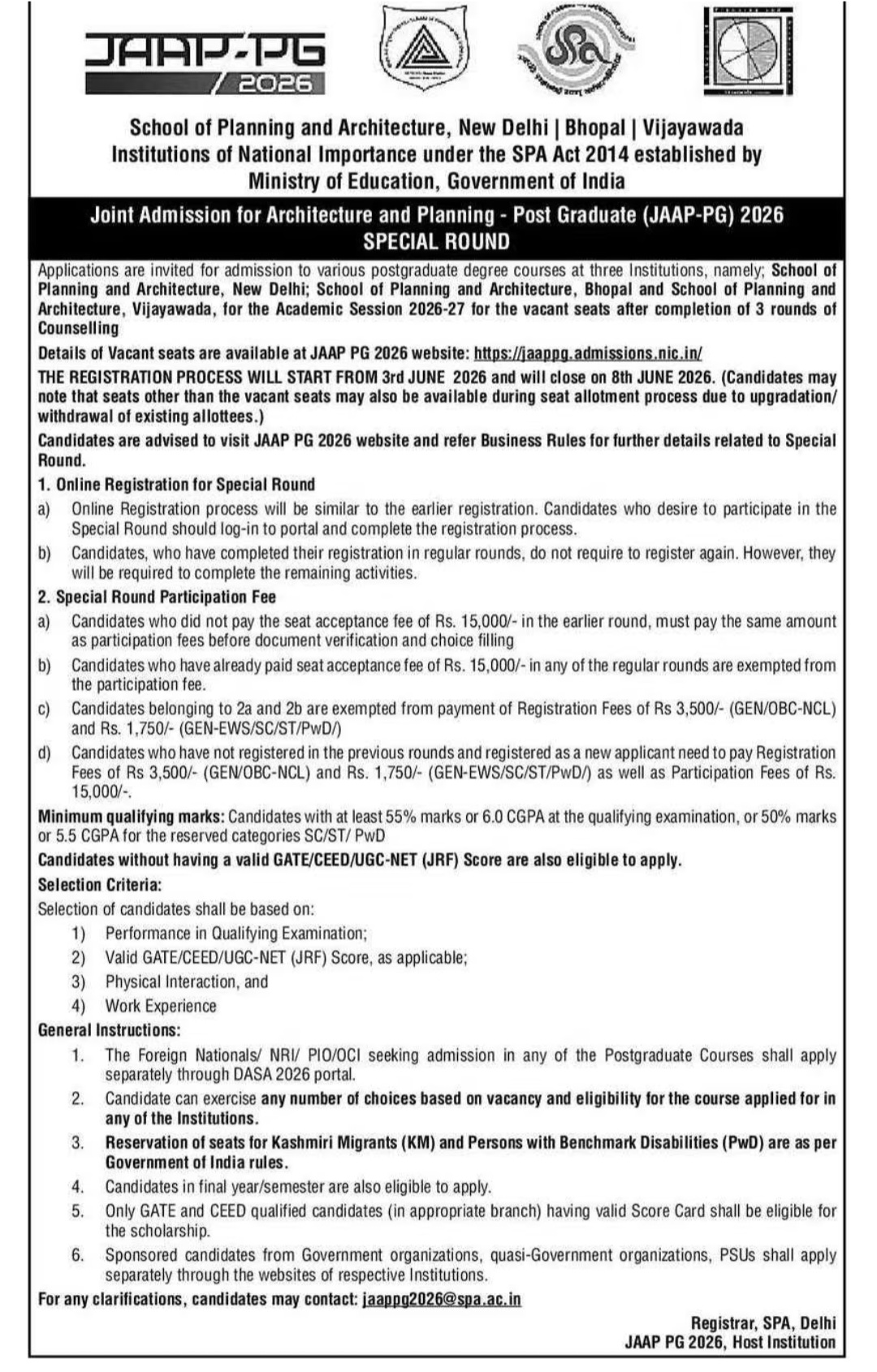 JAAP-PG 2026 Special Round Admissions Open for SPA Delhi, Bhopal & Vijayawada