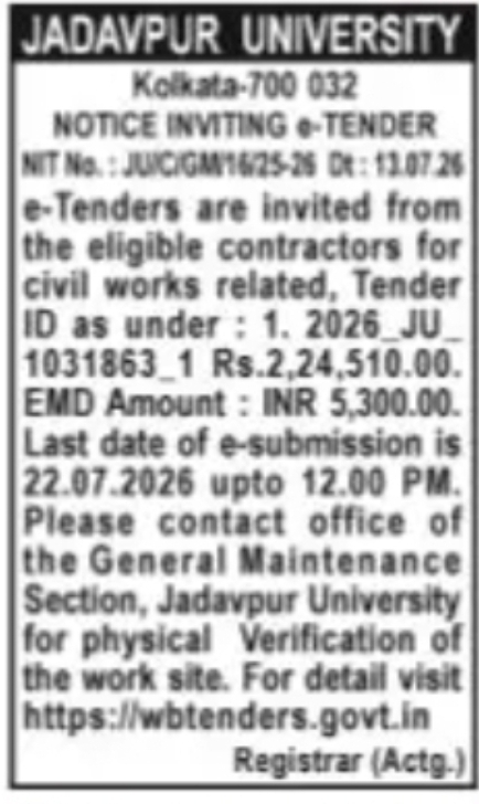 Jadavpur University Invites e-Tender for Civil Works