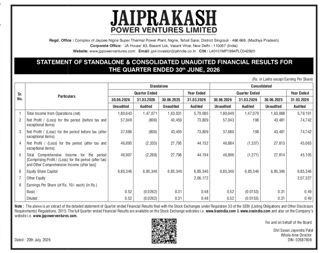 Jaiprakash Power Ventures Limited – Financial Results for Quarter Ended 30 June 2026