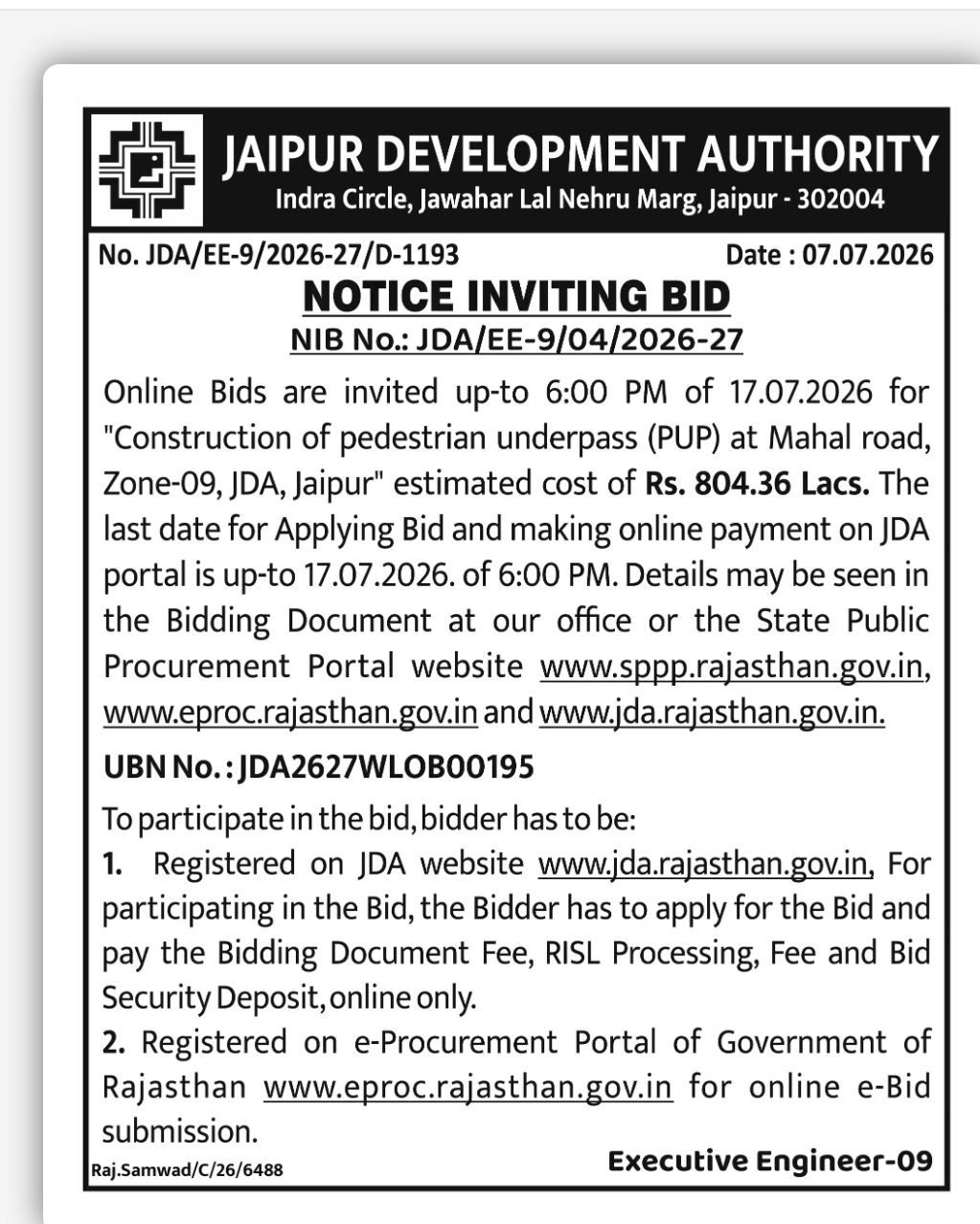Jaipur Development Authority Invites Bids for Construction of Pedestrian Underpass at Mahal Road, Jaipur