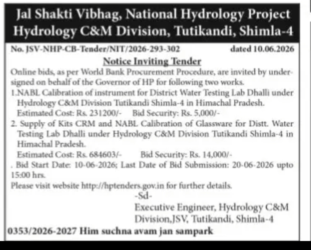 Jal Shakti Vibhag Tender Notice (National Hydrology Project, Shimla)