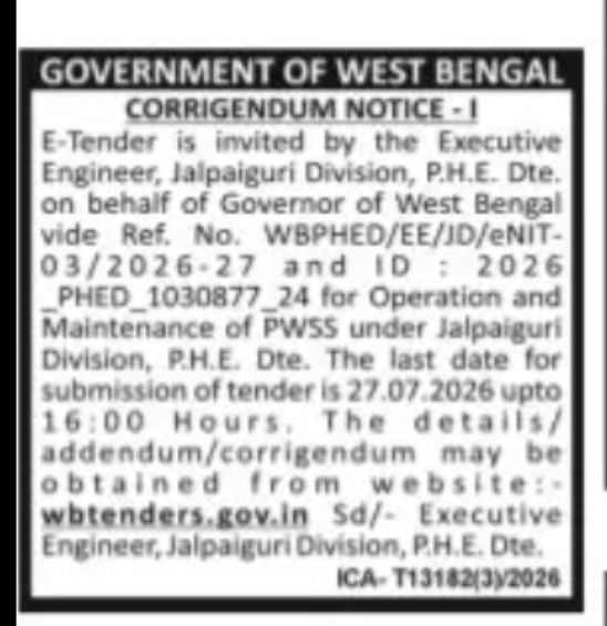 Jalpaiguri PHED Corrigendum Notice – Operation & Maintenance of PWSS