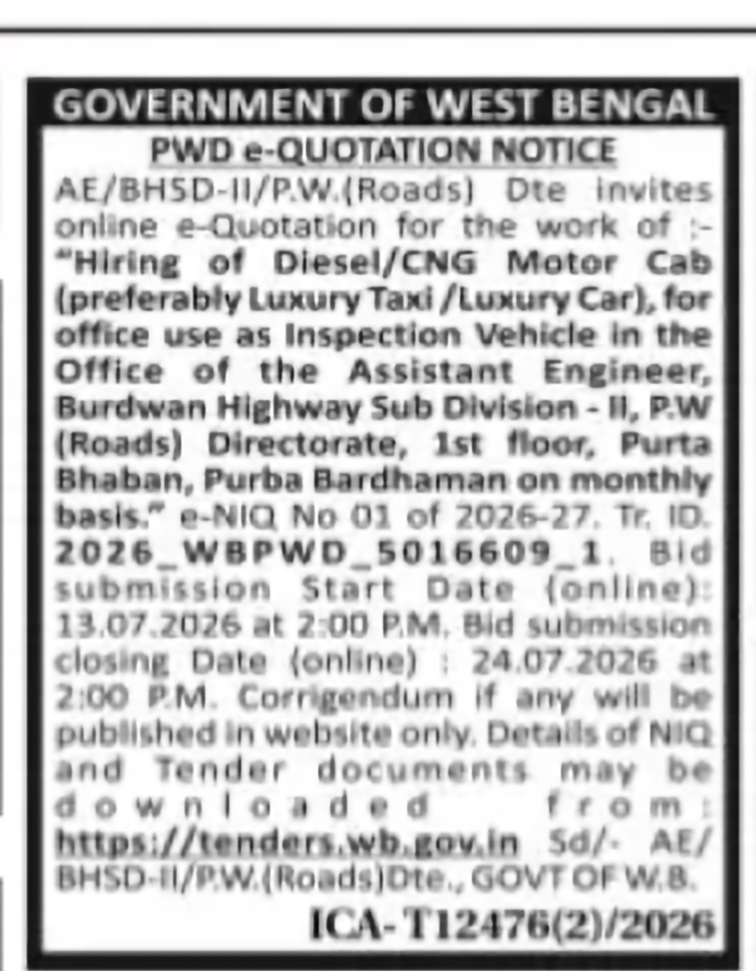 Jalpaiguri Social Sector Division Vehicle Hiring Tender