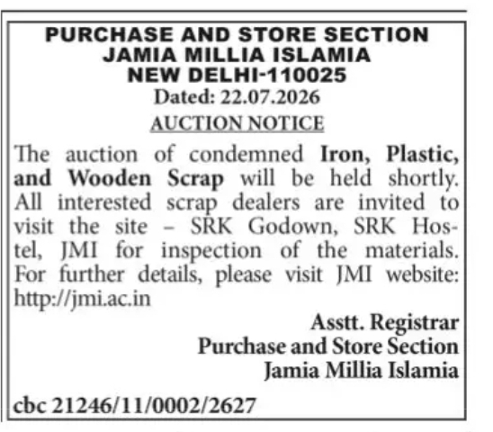 Jamia Millia Islamia Scrap Auction Notice 2026 – New Delhi