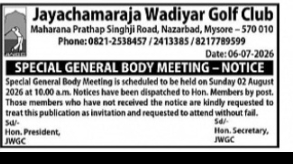 Jayachamaraja Wadiyar Golf Club – Special General Body Meeting Notice