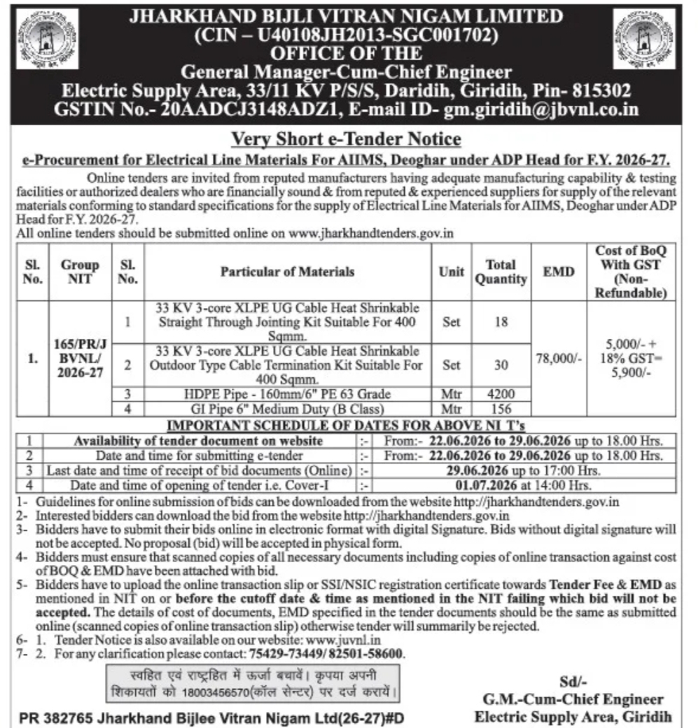 JBVNL Invites Tender for Electrical Line Materials Supply at AIIMS Deoghar