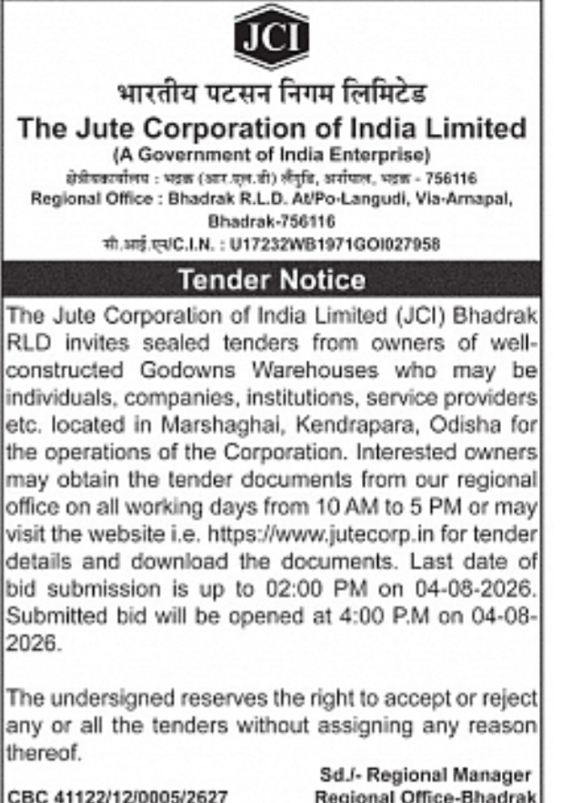 JCI Invites Warehouse/Godown Tenders in Marshaghai, Kendrapara