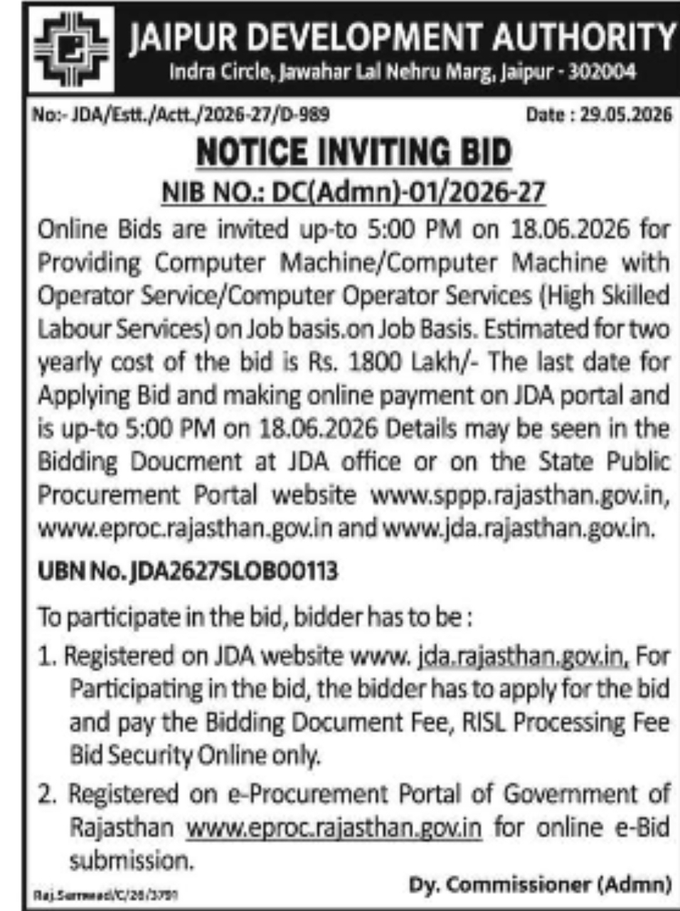 JDA Invites Bids for Computer Machines and Operator Services Contract Worth ₹18 Crore