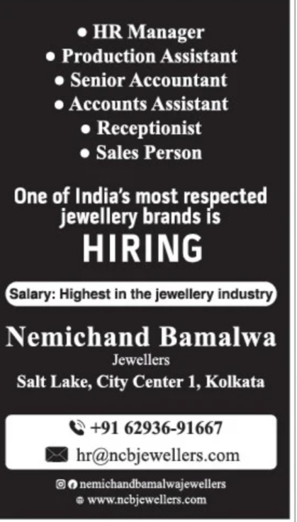 Jewellery Industry Jobs in Kolkata – Multiple Vacancies at Nemichand Bamalwa Jewellers