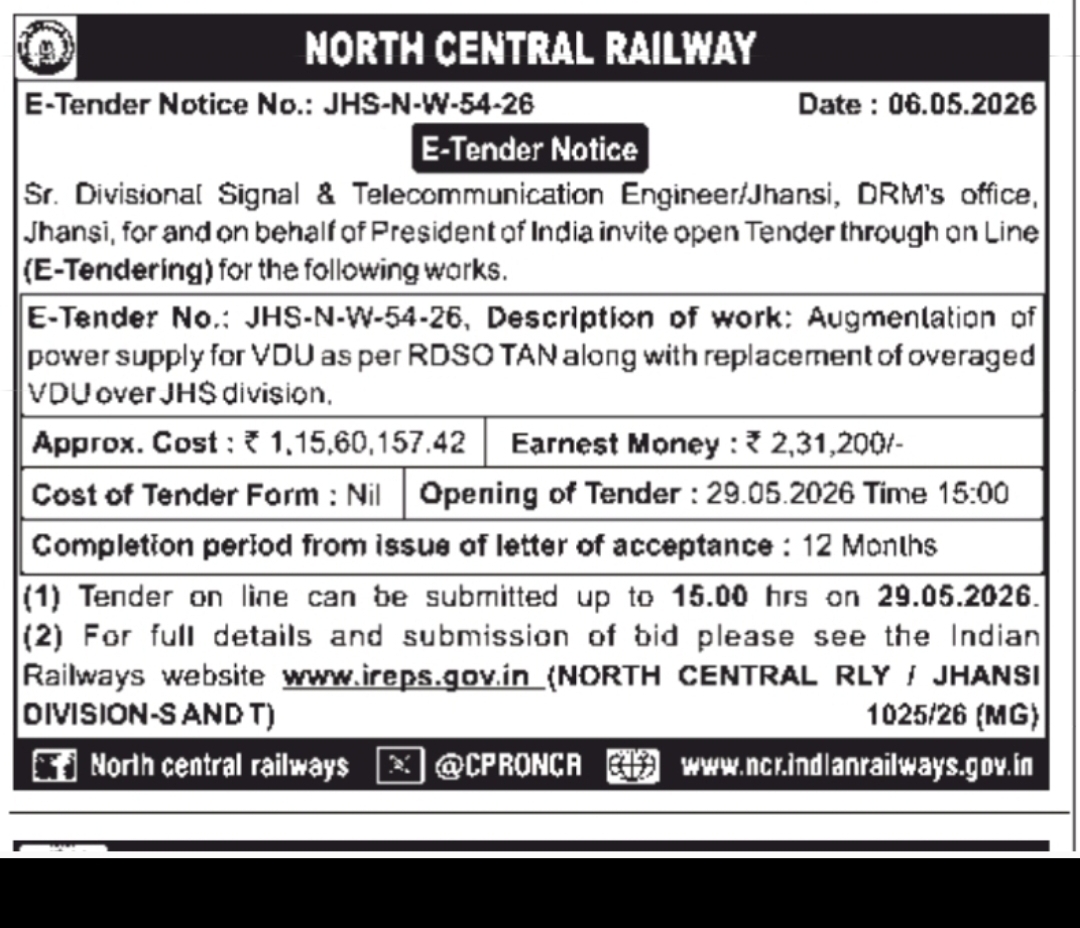 ⚡ Jhansi Division E-Tender for VDU Power Supply & Replacement Works
