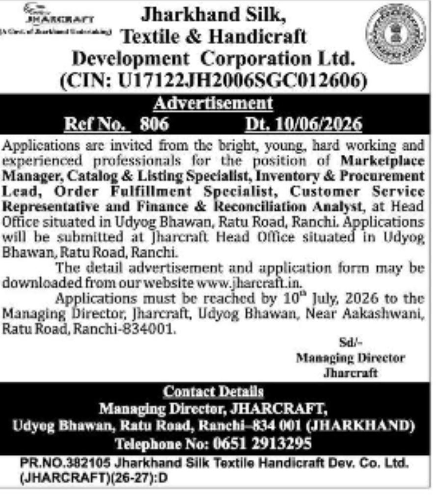 JHARCRAFT Recruitment 2026 – Multiple Managerial and Specialist Posts at Ranchi Head Office Application Invited