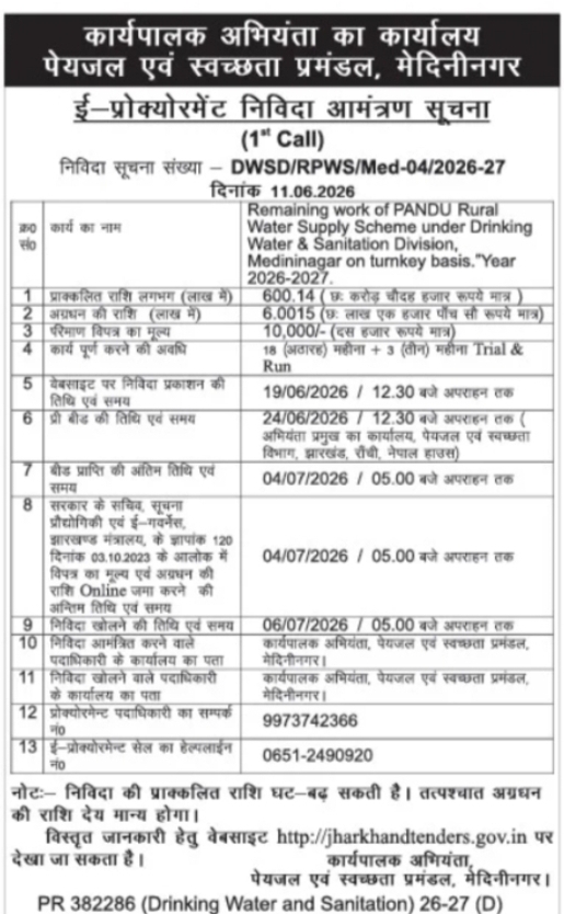 Jharkhand Drinking Water & Sanitation Department – Rural Water Supply Scheme Tender (Medininagar)