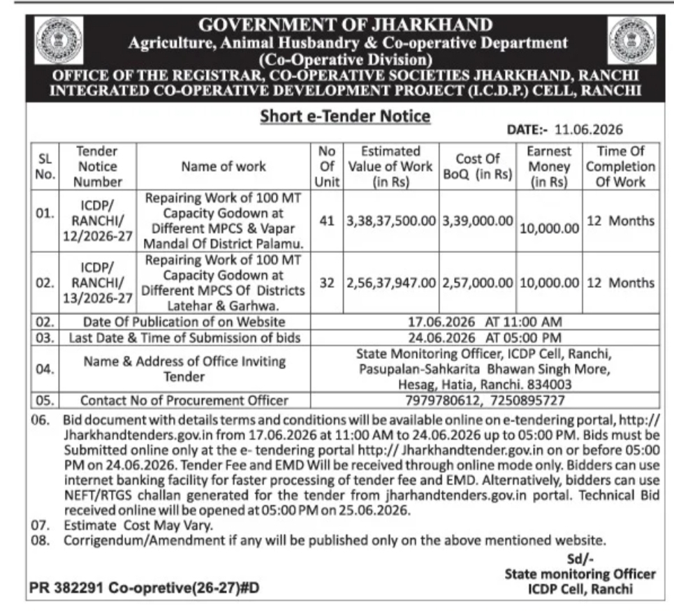 Jharkhand ICDP Cell Ranchi e-Tender Notice for Repair of 100 MT Capacity Godowns in Palamu, Latehar and Garhwa Districts
