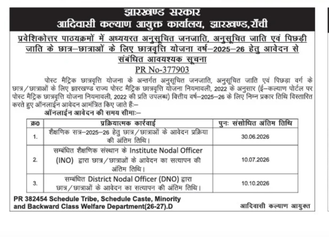 Jharkhand Post Matric Scholarship 2025-26: Application Date Extended