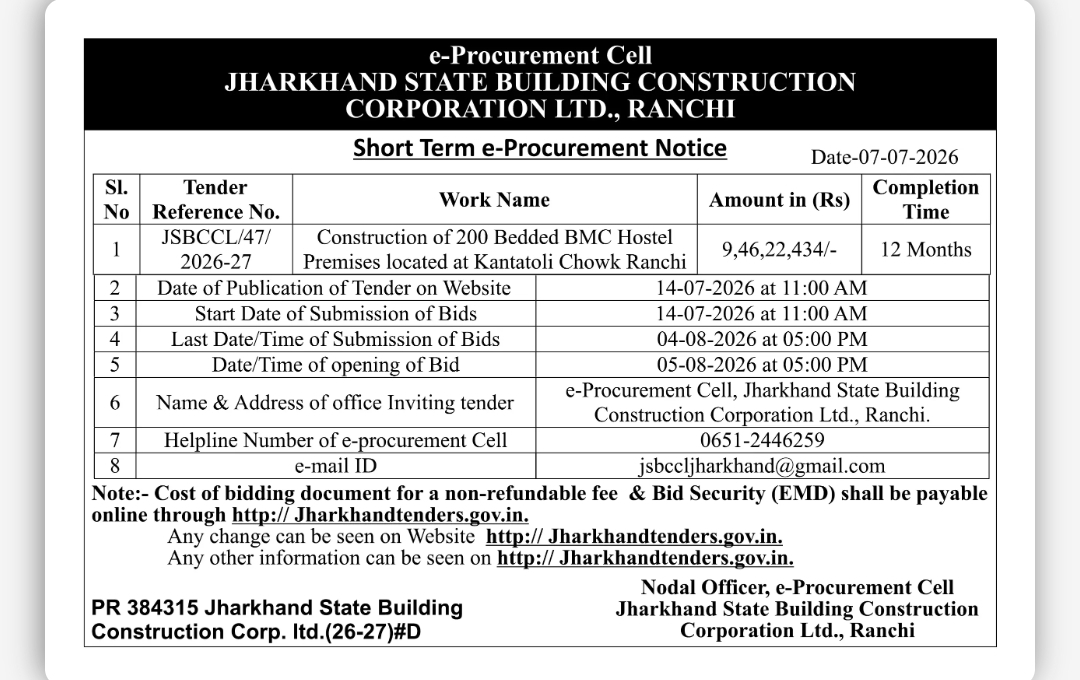 Jharkhand State Building Construction Corporation Ltd. Invites E-Tender for 200-Bedded BMC Hostel at Ranchi
