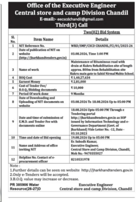 Jharkhand Tender – Maintenance of Bituminous Road at Kukru Rehabilitation Site