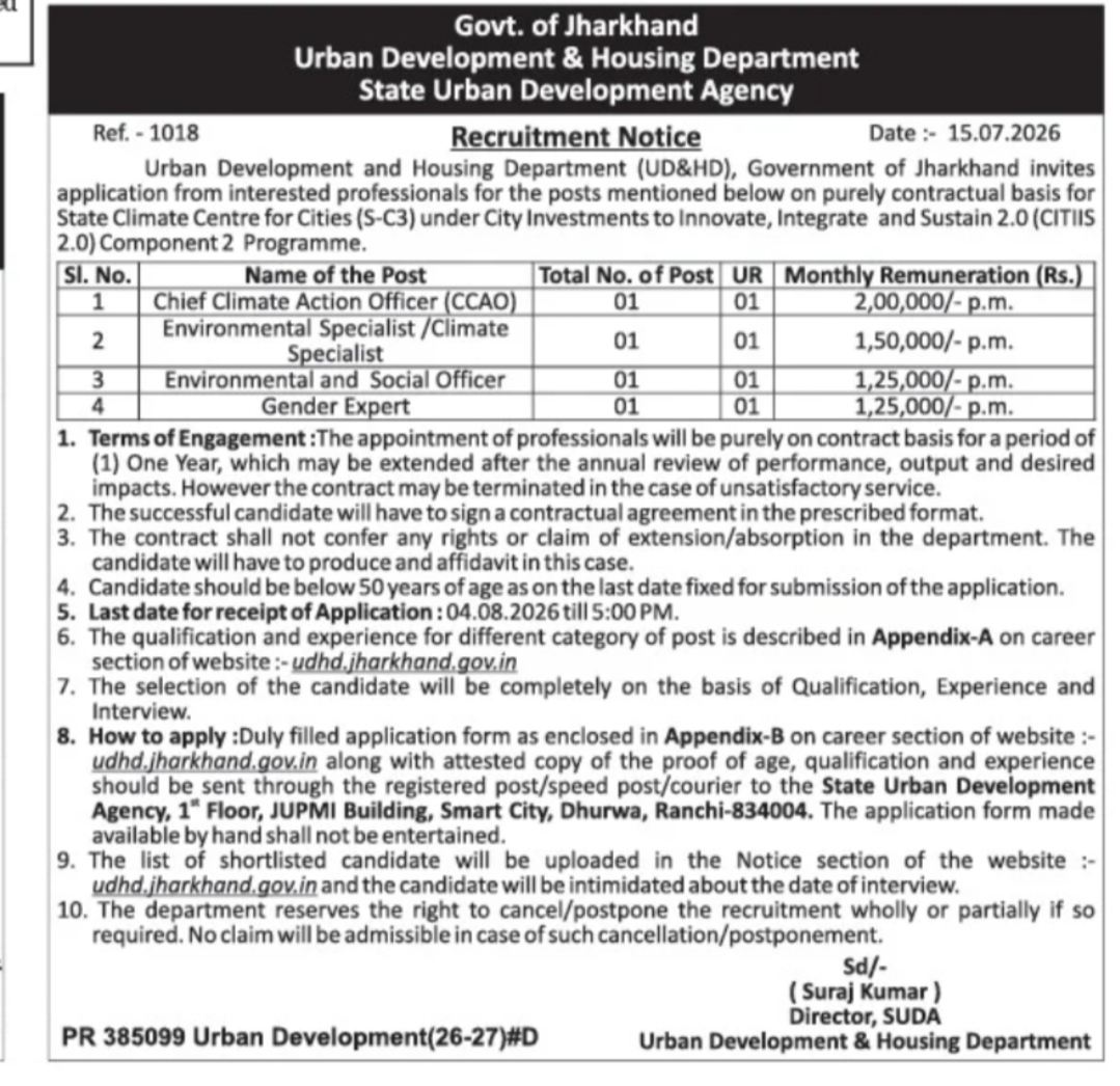 Jharkhand Urban Development Department Recruitment 2026 – Multiple Contractual Posts