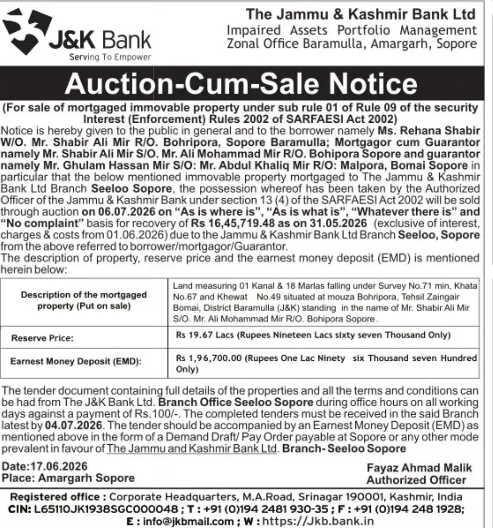 J&K Bank – Auction-Cum-Sale Notice (SARFAESI Act, 2002)
