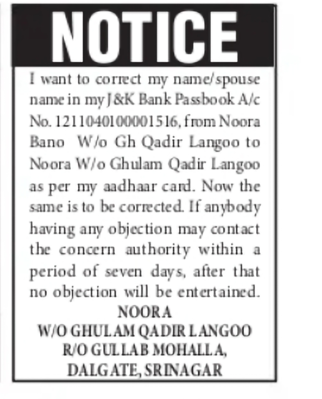 J&K Bank Passbook Name Correction Notice Noora Bano