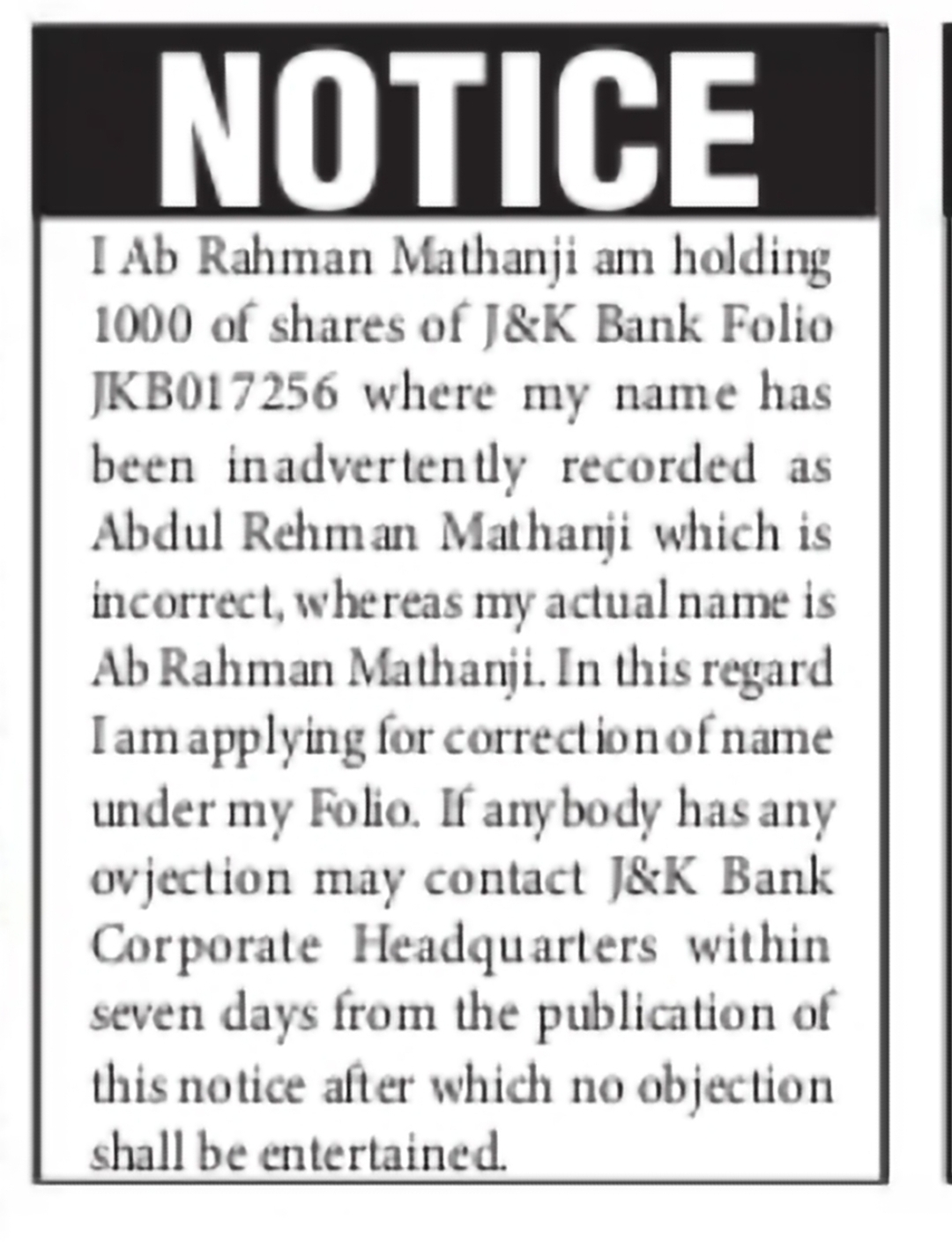 J&K Bank Shareholder Name Correction Notice