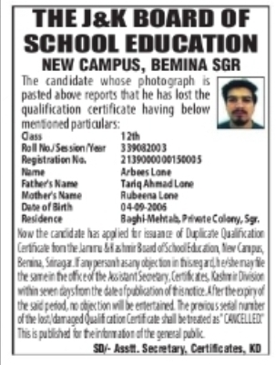 J&K Board of School Education – Duplicate Qualification Certificate Notice