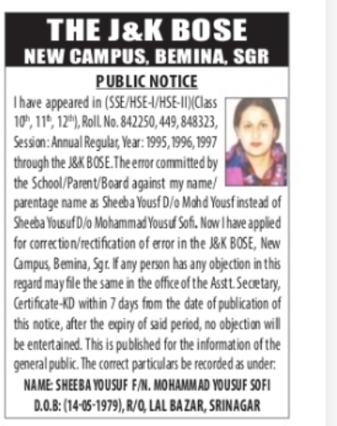 J&K BOSE Name & Parentage Correction Notice – Sheebqa Yousuf