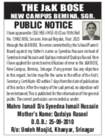 J&K BOSE PUBLIC NOTICE – CORRECTION OF FATHER'S NAME Mahro Ismail