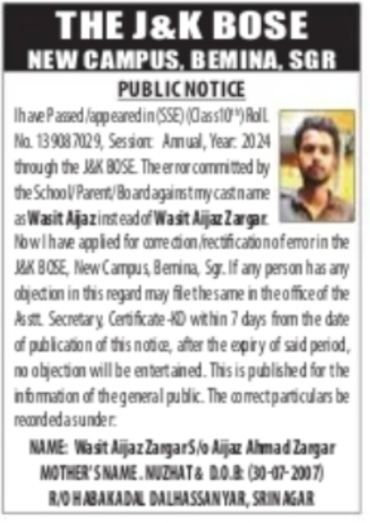 J&K BOSE Public Notice – Name Correction