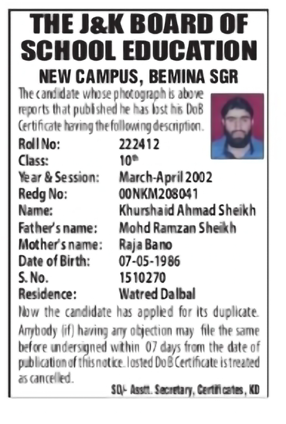 JKBOSE Duplicate Certificate Application Notice