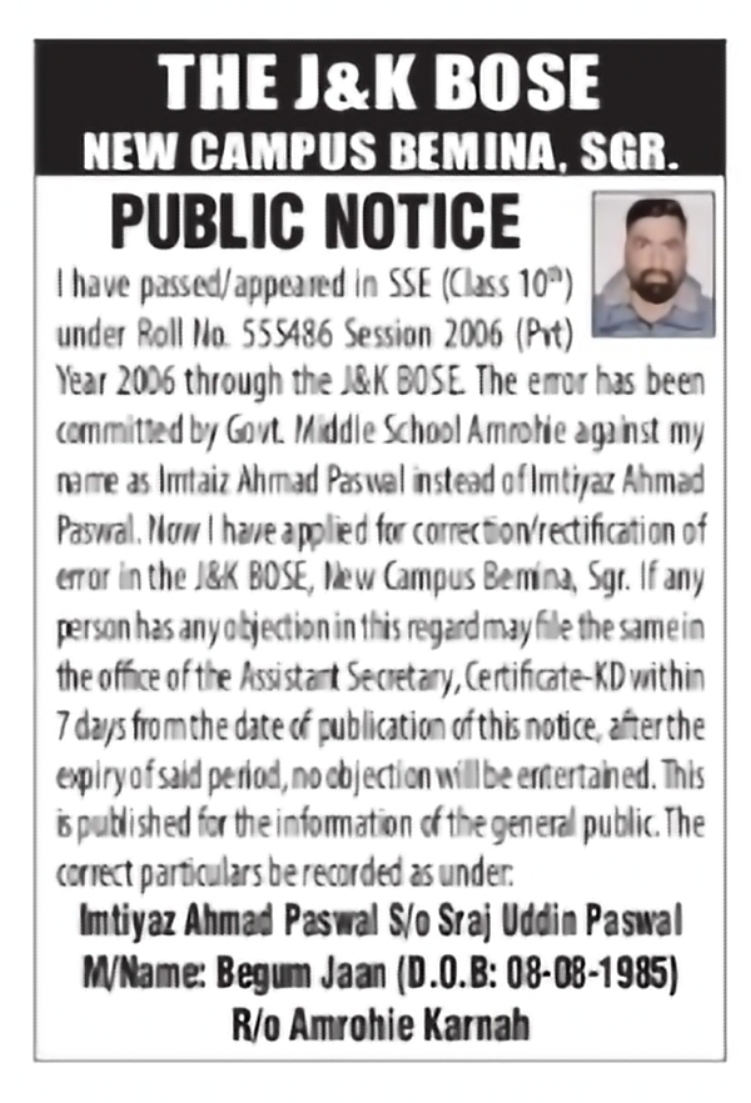 JKBOSE Name Correction Notice – Imtiyaz Ahmad Paswal