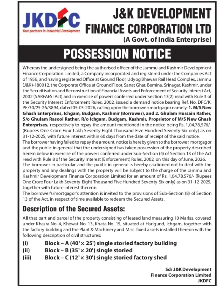 JKDFC Possession Notice – M/S New Ghash Enterprises, Budgam