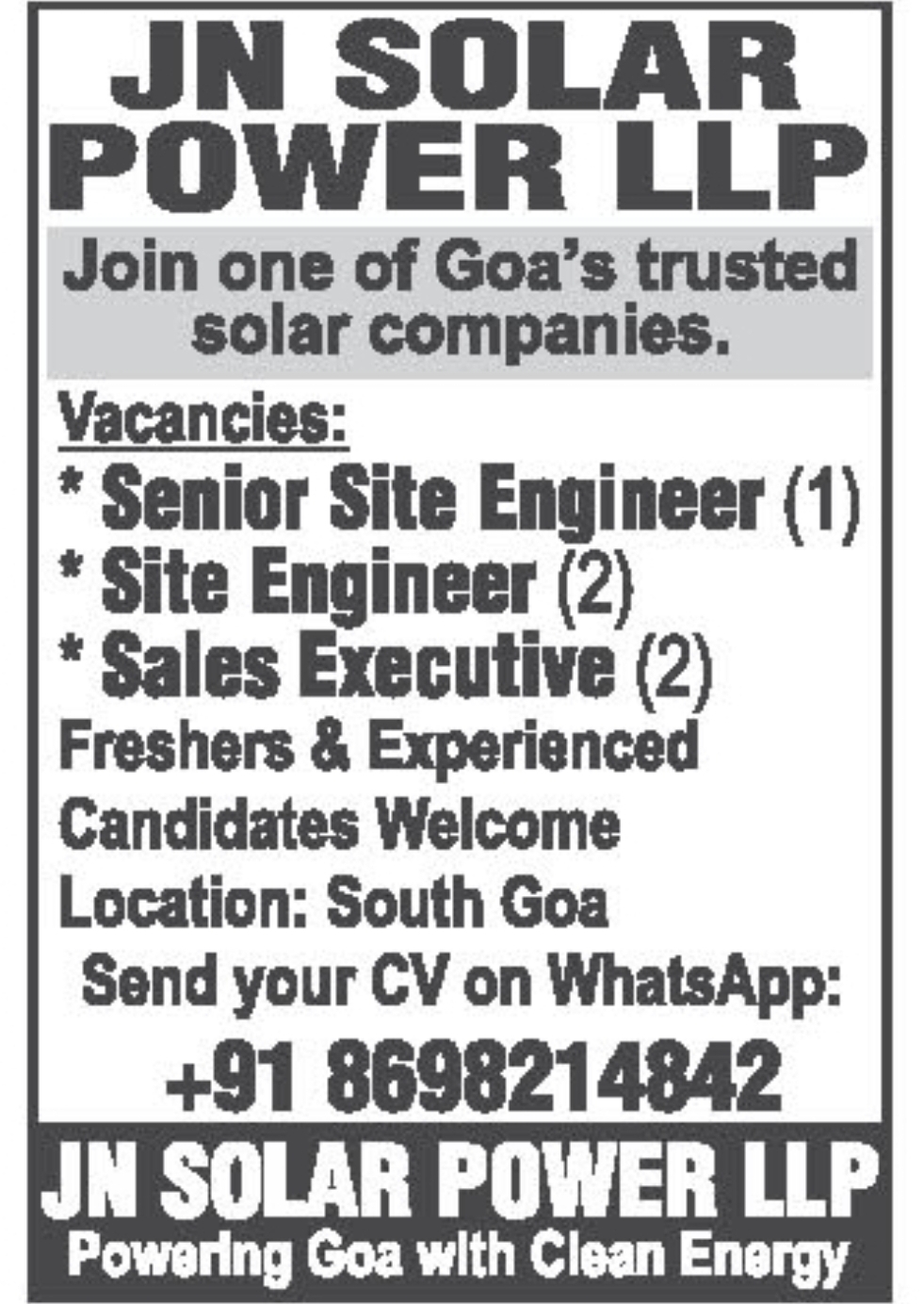 JN Solar Power LLP Hiring – Multiple Vacancies in South Goa