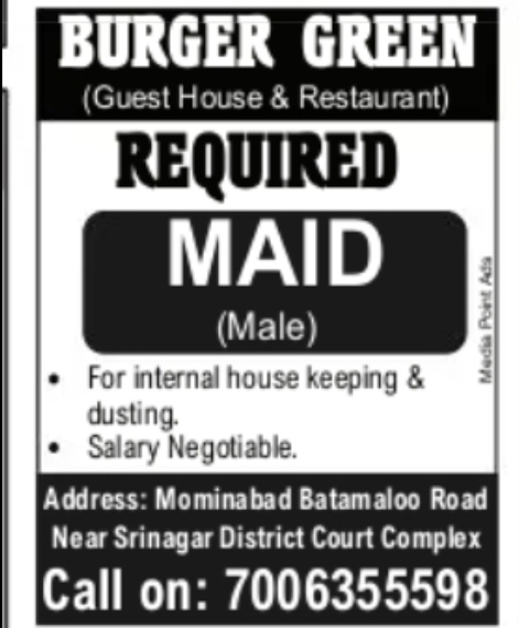 JOB NOTICE – Maid Required