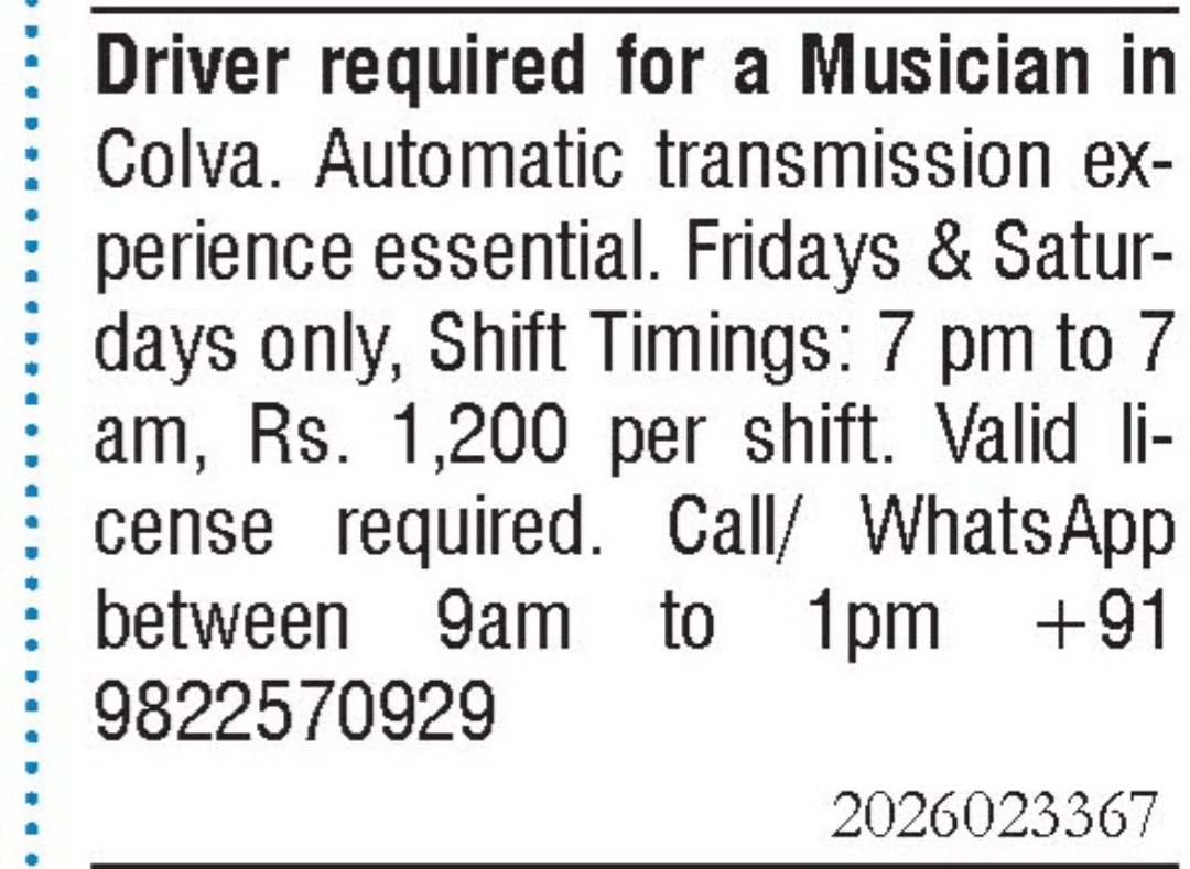 Job Opening - Driver for Musician